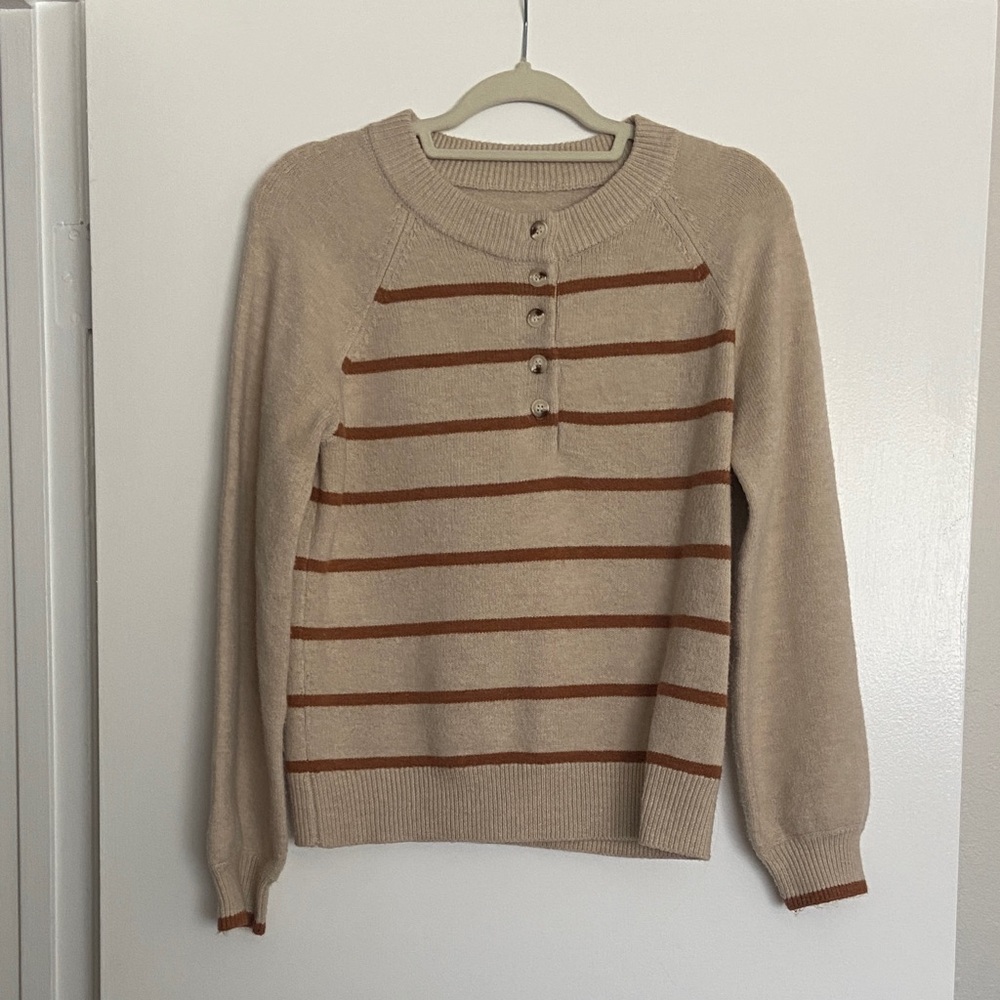 Beige and Terrecota Striped Women's Henley Sweater